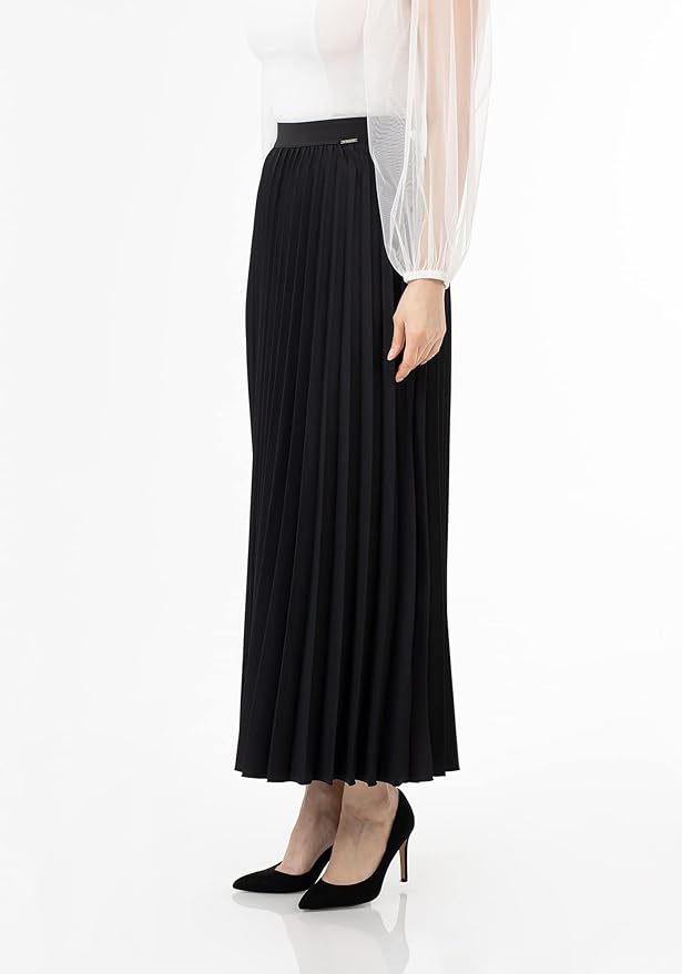 Love Poem Women's Pleated Maxi Skirt - Modest Elastic High Waist A Line Swing Boho Ruffle Plisse Long Skirt - Black