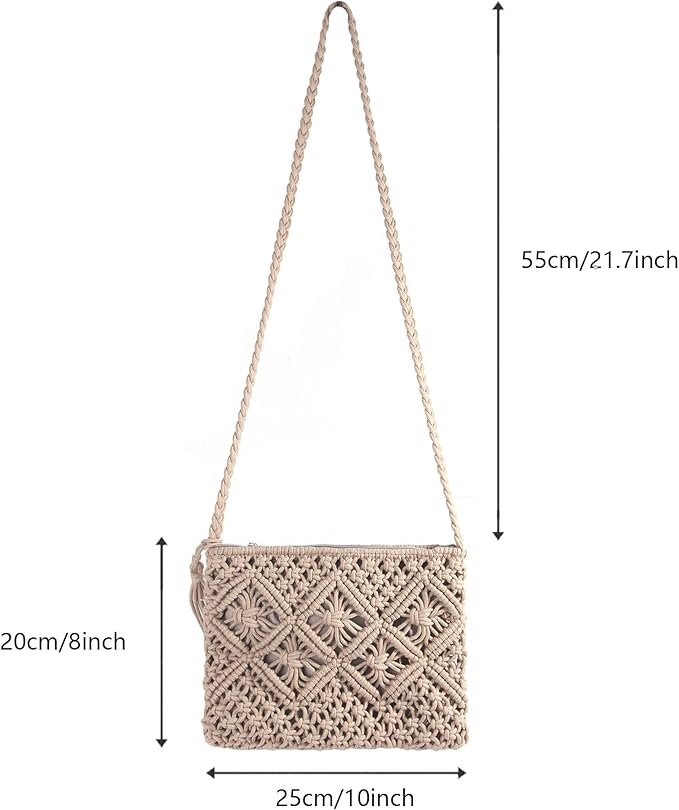 Cotton Macrame Purse Bag | Hand-Woven Knitted Crossbody Shoulder Strap Zipper | Cute Fringe Boho Coin | Gray