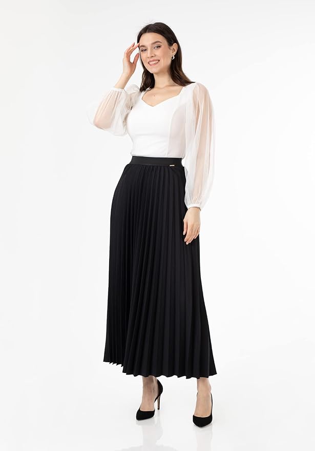 Love Poem Women's Pleated Maxi Skirt - Modest Elastic High Waist A Line Swing Boho Ruffle Plisse Long Skirt - Black