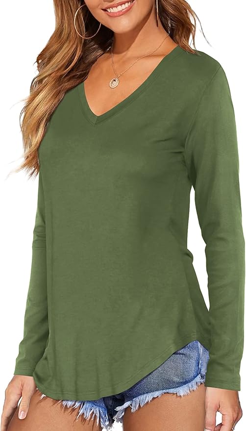 Zenana Outfitters Women's Long Sleeve V-Neck Round Hem Top (Olive Green) - Large Only