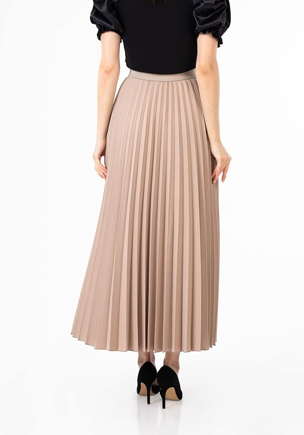 Love Poem Women's Pleated Maxi Skirt - Modest Elastic High Waist A Line Swing Boho Ruffle Plisse Long Skirt - Mink)