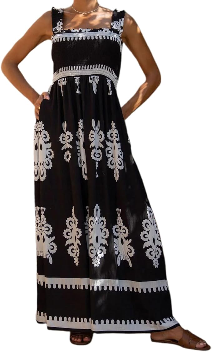 Women Floral Sleeveless Maxi Dress Boho Flowy Going Out Slip Dress Spaghetti Strap Backless Swing Sun Dress - MEDIUM ONLY