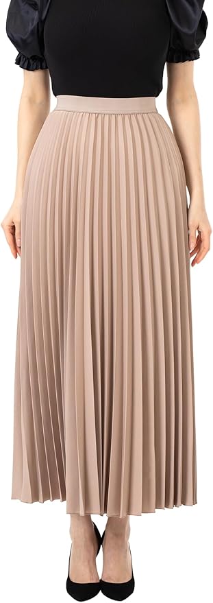 Love Poem Women's Pleated Maxi Skirt - Modest Elastic High Waist A Line Swing Boho Ruffle Plisse Long Skirt - Mink)