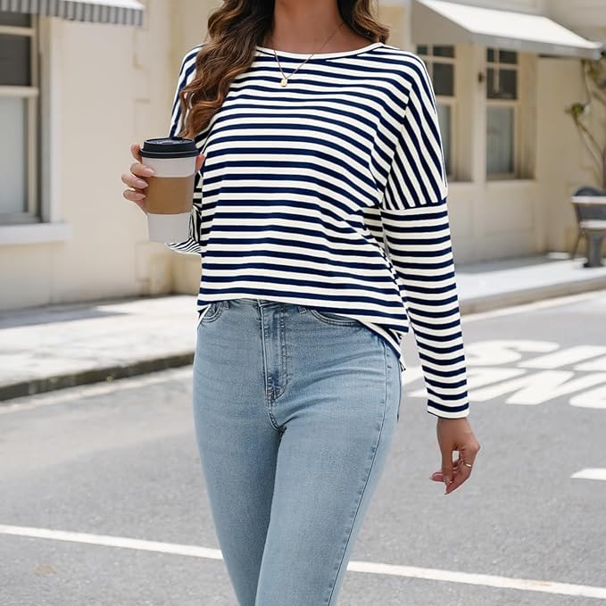 Womens Oversized T Shirts Striped Long Sleeve Crew Neck Casual Loose fit Fall Fashion Tops Basic Tunic tees - NAVY