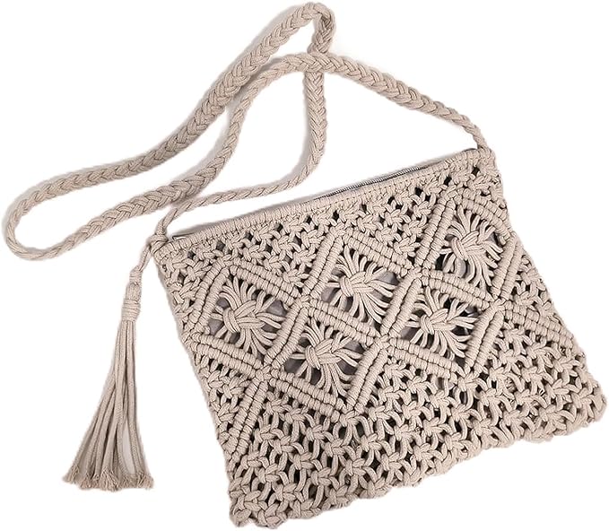 Cotton Macrame Purse Bag | Hand-Woven Knitted Crossbody Shoulder Strap Zipper | Cute Fringe Boho Coin | Gray
