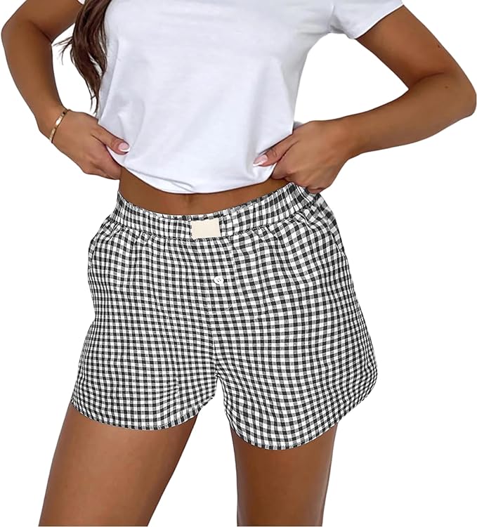 Womens Plaid Shorts Y2K Baggy Gingham Boxer Pajama Bottoms Checkered Lounge Going Out Shorts Jorts Coastal Summer Clothes