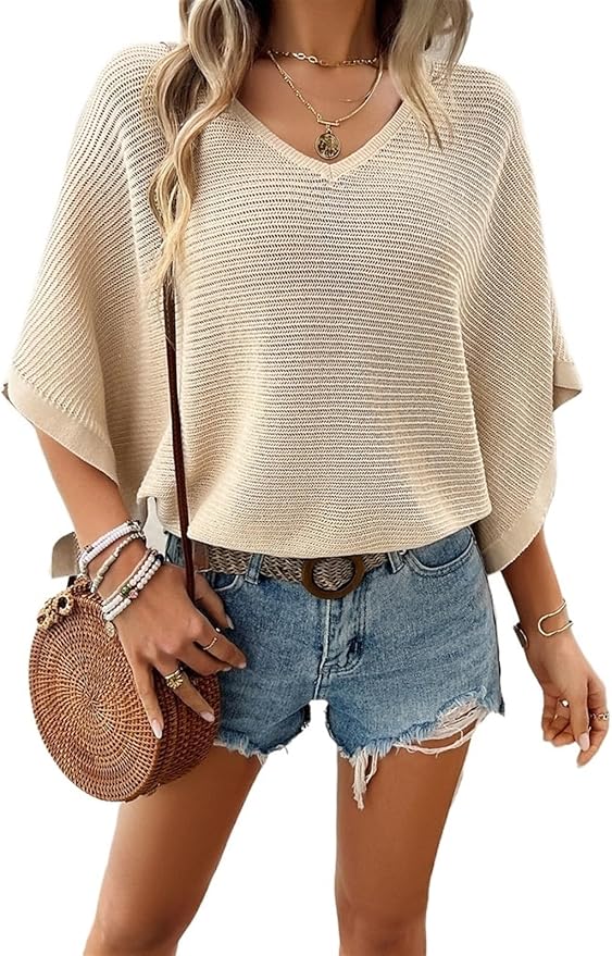 Elings Women's V Neck Hollow Out Knit Sweater Tops Lightweight Beachwear Cover Ups