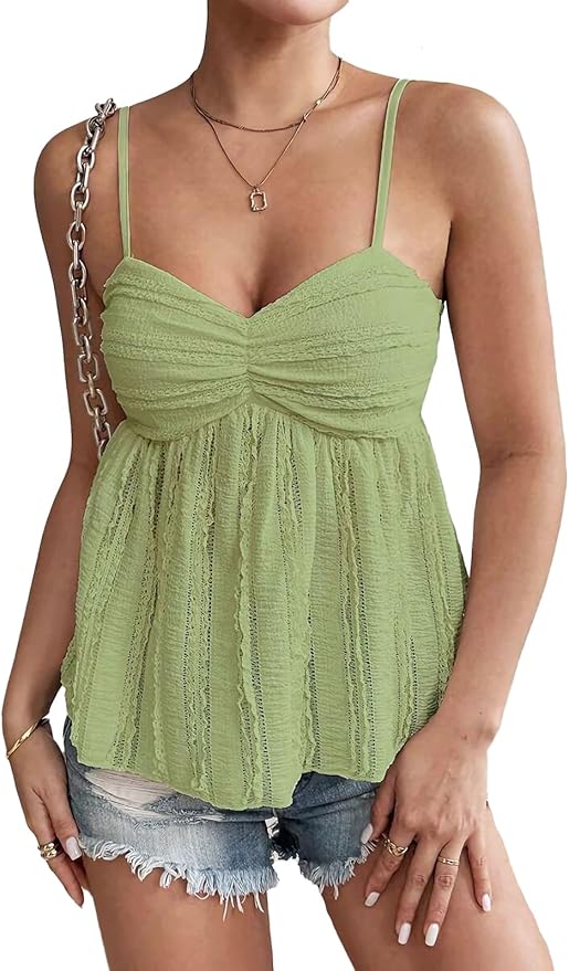 Womens Trim Peplum Tank Top,Spaghetti Strap Cami Backless Top Summer Boho Camisole Going Out Crop Tops - Green