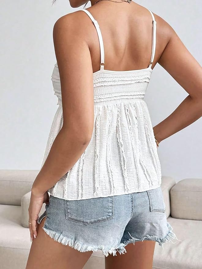 Womens Trim Peplum Tank Top,Spaghetti Strap Cami Backless Top Summer Boho Camisole Going Out Crop Tops - White