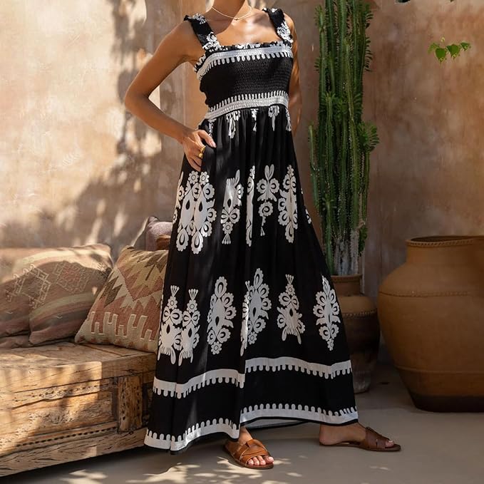 Women Floral Sleeveless Maxi Dress Boho Flowy Going Out Slip Dress Spaghetti Strap Backless Swing Sun Dress - MEDIUM ONLY