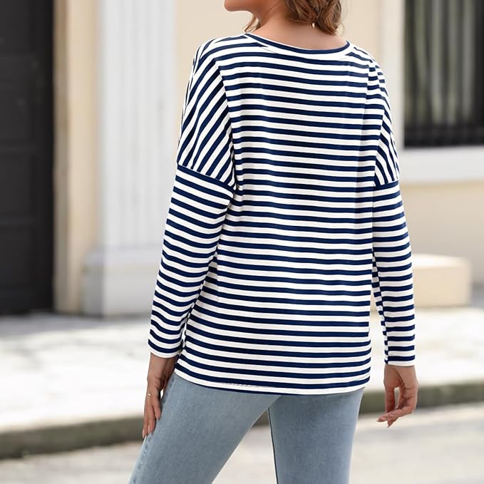 Womens Oversized T Shirts Striped Long Sleeve Crew Neck Casual Loose fit Fall Fashion Tops Basic Tunic tees - NAVY