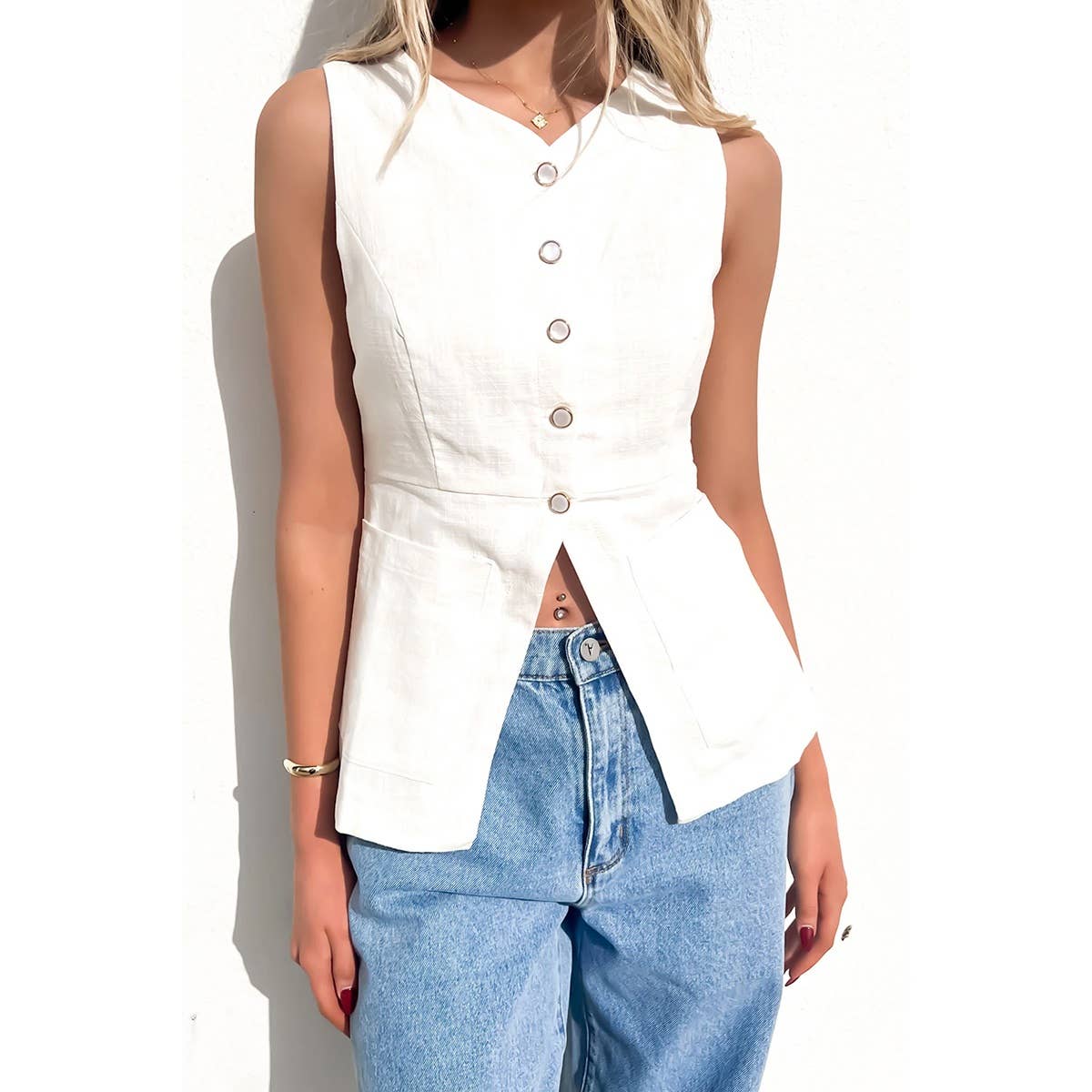 Summer Suit Vest for Women Business Casual Sleeveless Button Down V Neck Waistcoat WHITE