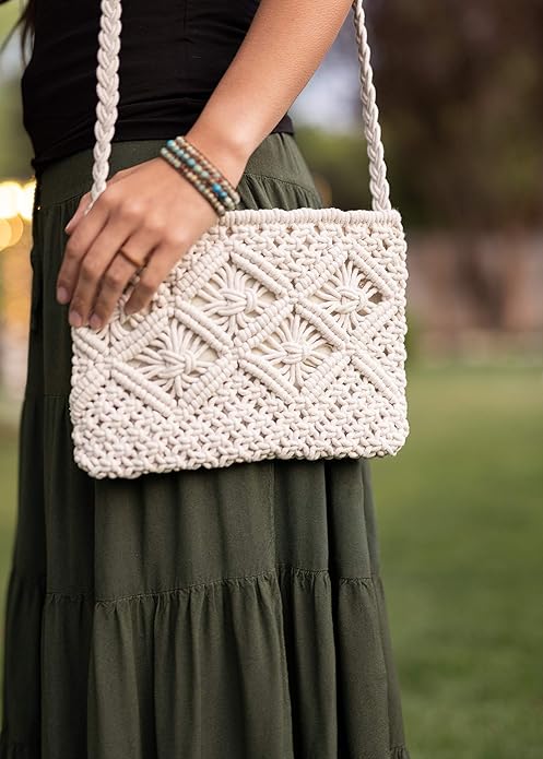 Cotton Macrame Purse Bag | Hand-Woven Knitted Crossbody Shoulder Strap Zipper | Cute Fringe Boho Coin | White