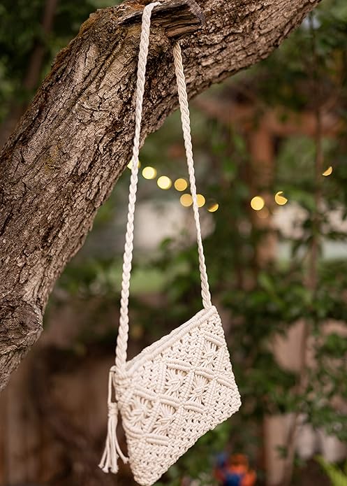 Cotton Macrame Purse Bag | Hand-Woven Knitted Crossbody Shoulder Strap Zipper | Cute Fringe Boho Coin | White