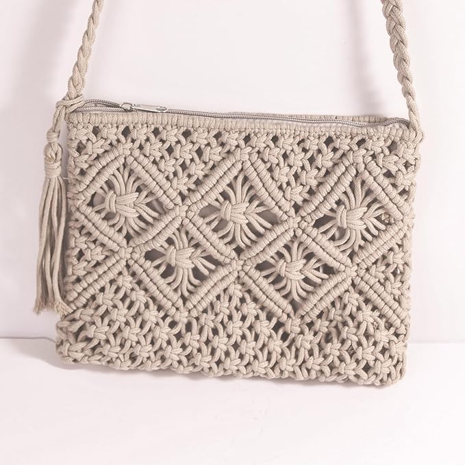 Cotton Macrame Purse Bag | Hand-Woven Knitted Crossbody Shoulder Strap Zipper | Cute Fringe Boho Coin | Gray