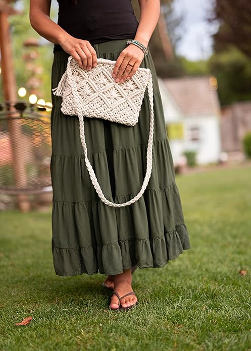 Cotton Macrame Purse Bag | Hand-Woven Knitted Crossbody Shoulder Strap Zipper | Cute Fringe Boho Coin | White