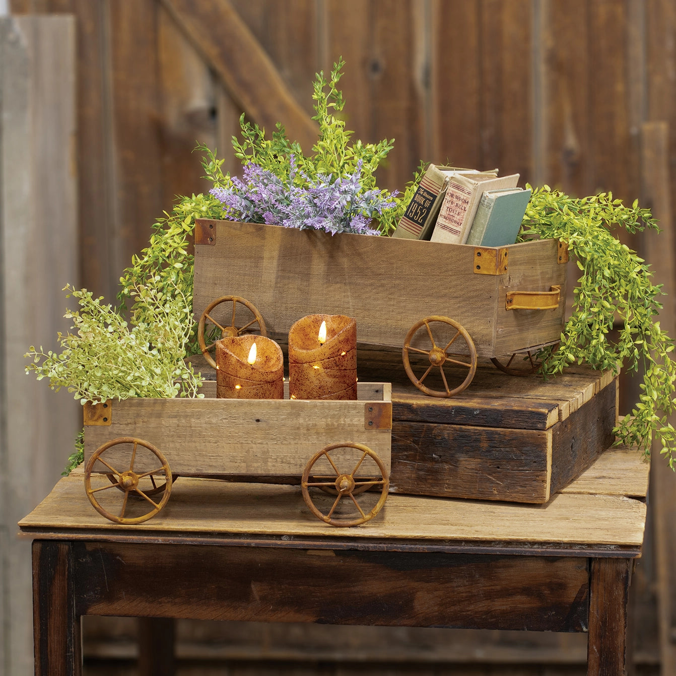 Natural Wooden Wagons W/Rusty Wheels - Large