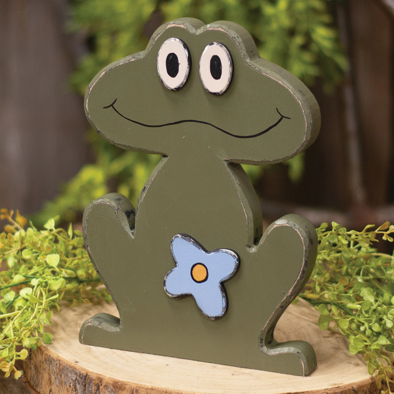 Rustic Wood Smiling Flower Frog Sitter