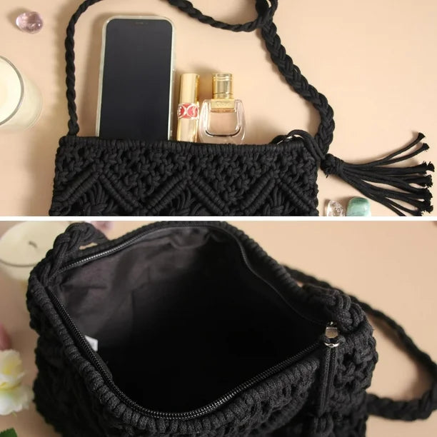 Cotton Macrame Purse Bag | Hand-Woven Knitted Crossbody Shoulder Strap Zipper | Cute Fringe Boho Coin | Black