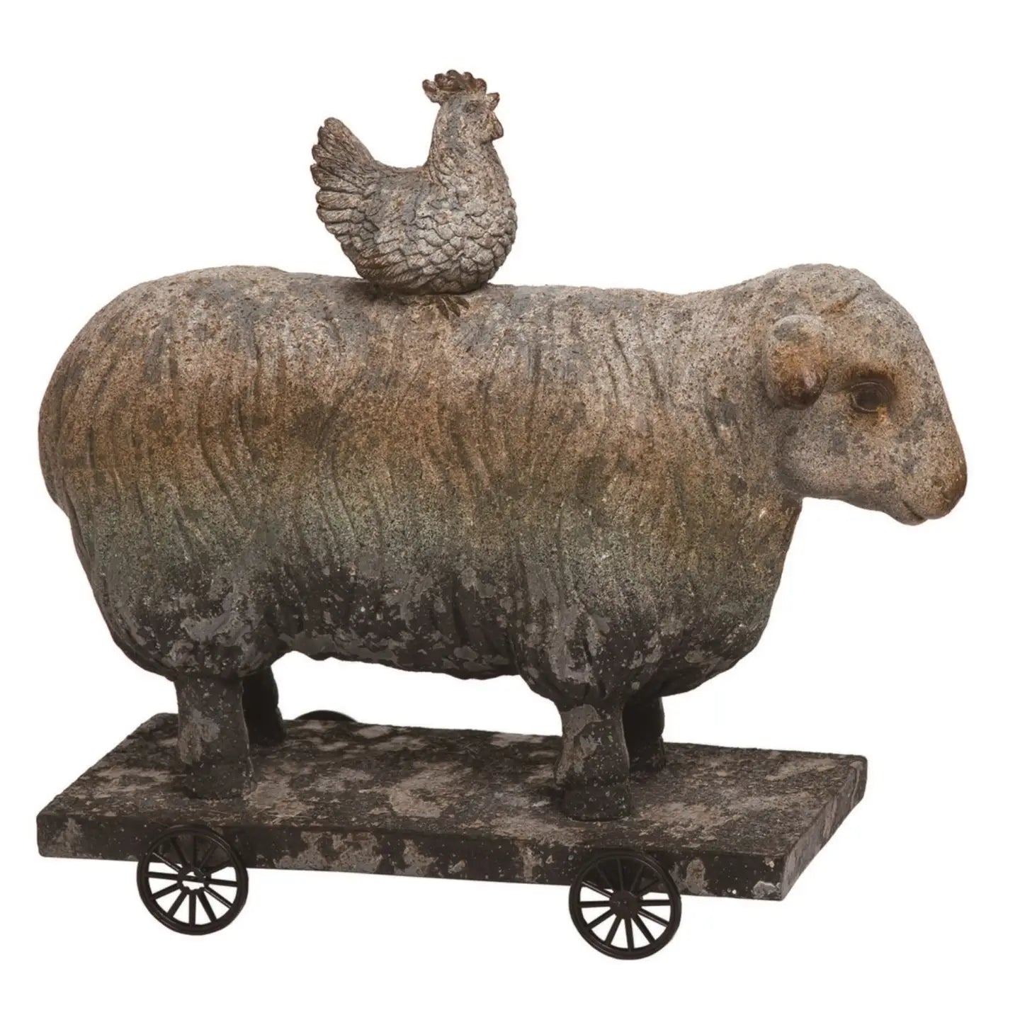 Resin 10" Brown Spring Rustic Sheep and Chicken On Wheels