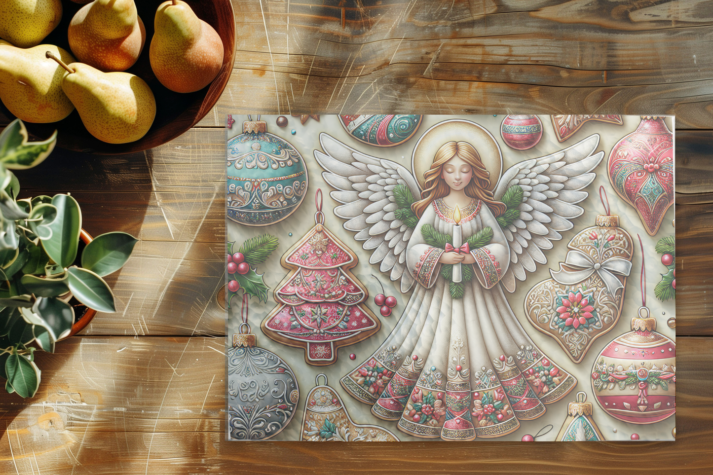 11" x 8" Tempered Glass Cutting Board - Christmas - Angel