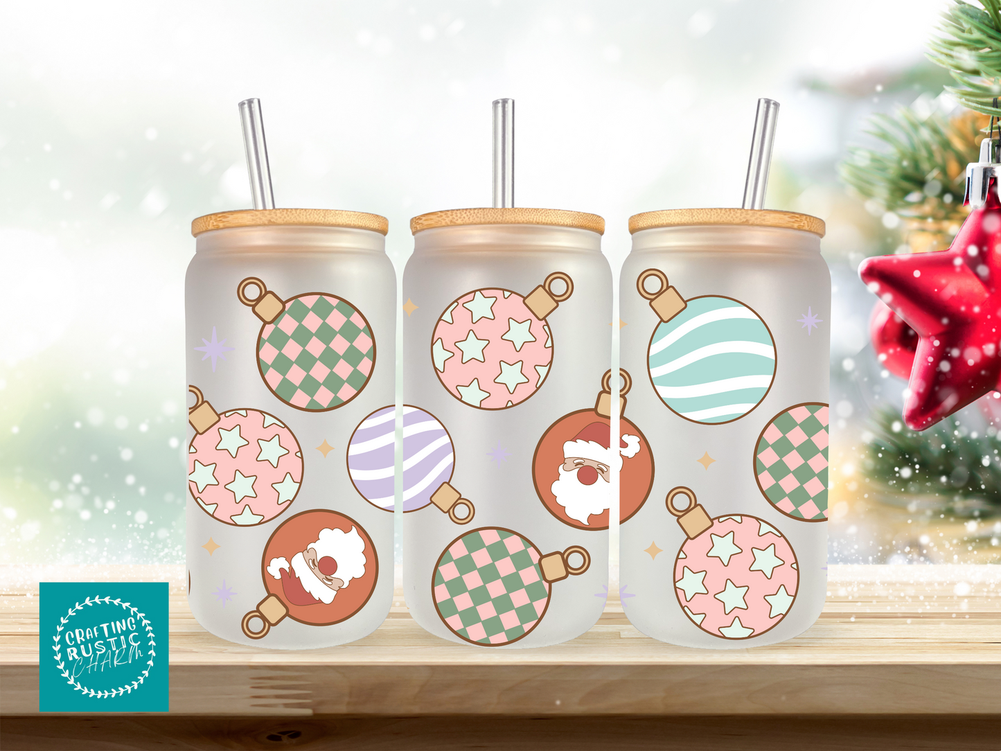 20 oz Glass Cup - Christmas - Ornaments