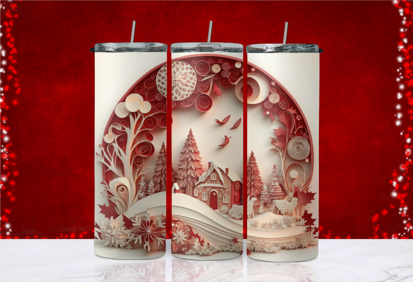 20 oz Skinny Tumbler - Christmas - Red/White Christmas Scene