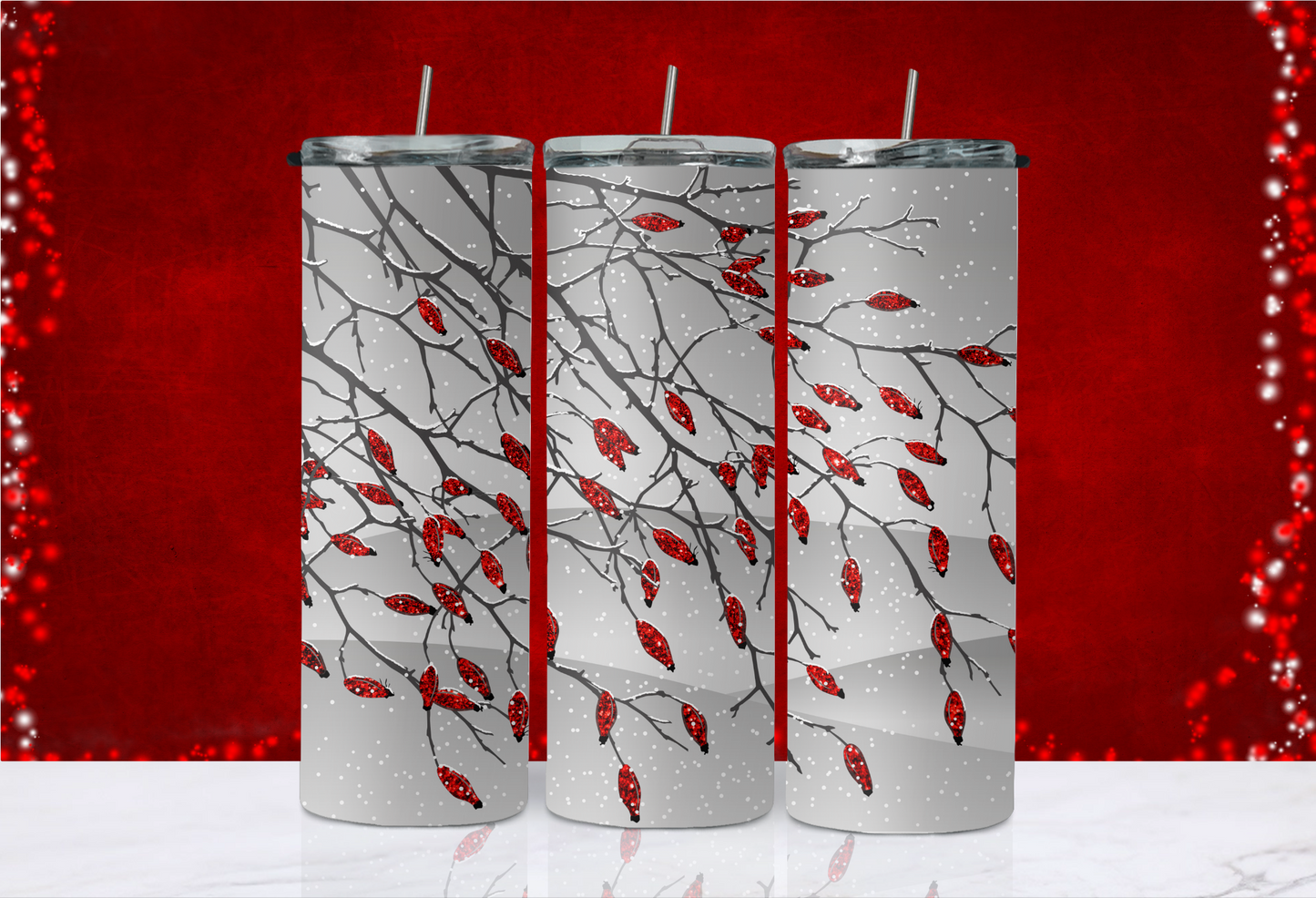 20 oz Skinny Tumbler - Christmas - Red Glitter Snow Tree
