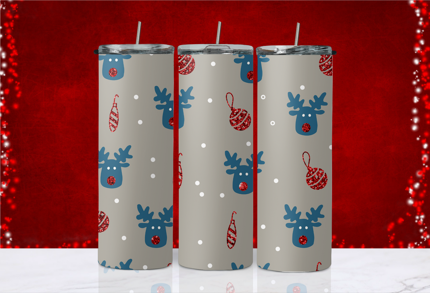 20 oz Skinny Tumbler - Christmas - Glitter Reindeer