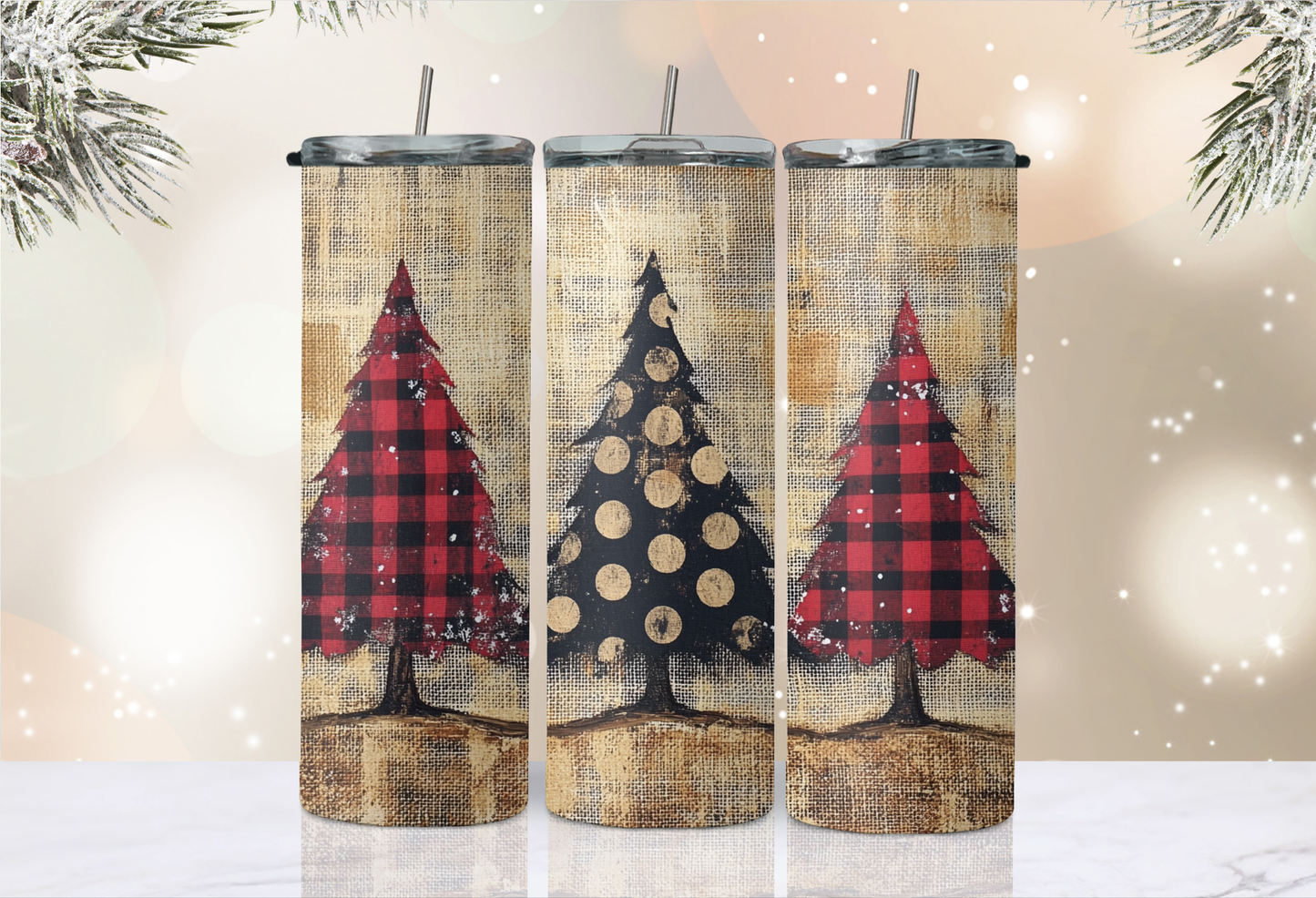20 oz Skinny Tumbler - Christmas - Buffalo Plaid Trees