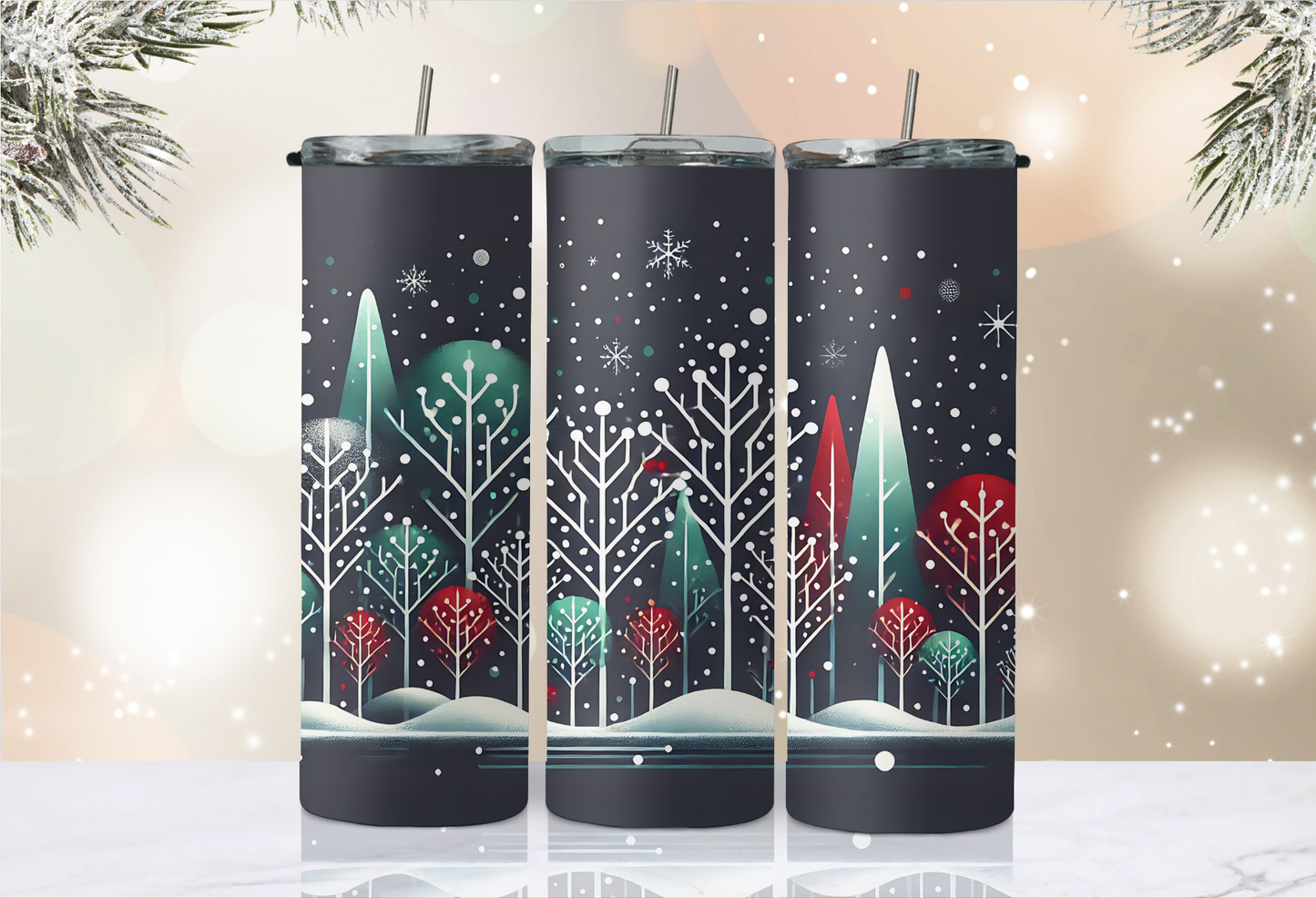 20 oz Skinny Tumbler - Christmas - Snow & Trees