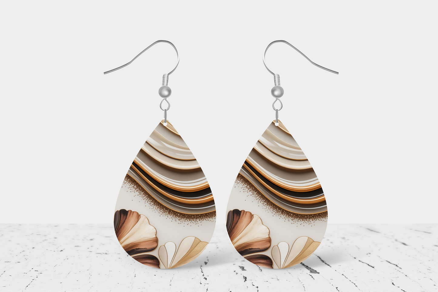Teardrop Earrings (E102E) - Neutral Tone Wavey Floral