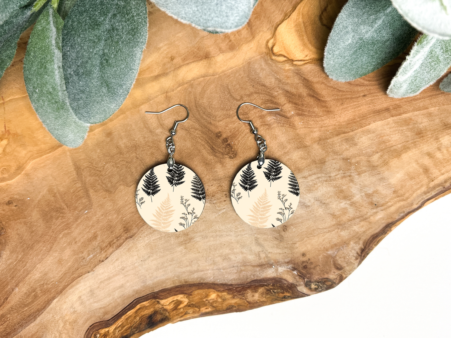 Round Earrings (E108R) - Leafy