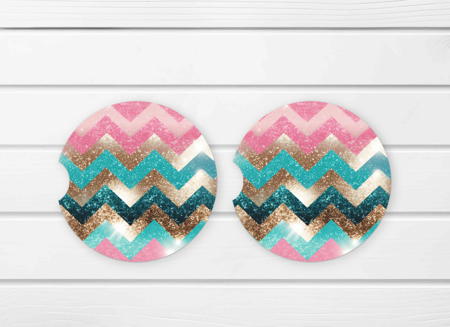 Pink Zigzags Ceramic Car Coaster Set