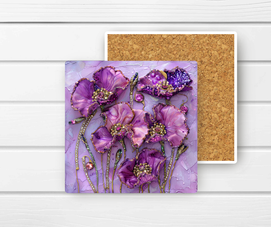 4x4 Ceramic Coaster (E10H) - Purple Glitter Floral