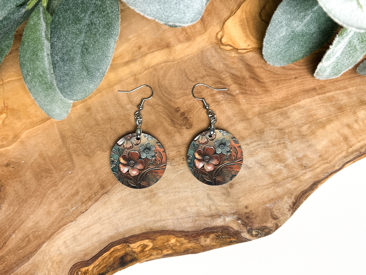 Round Earrings (E118R) - Faux Bronze Floral