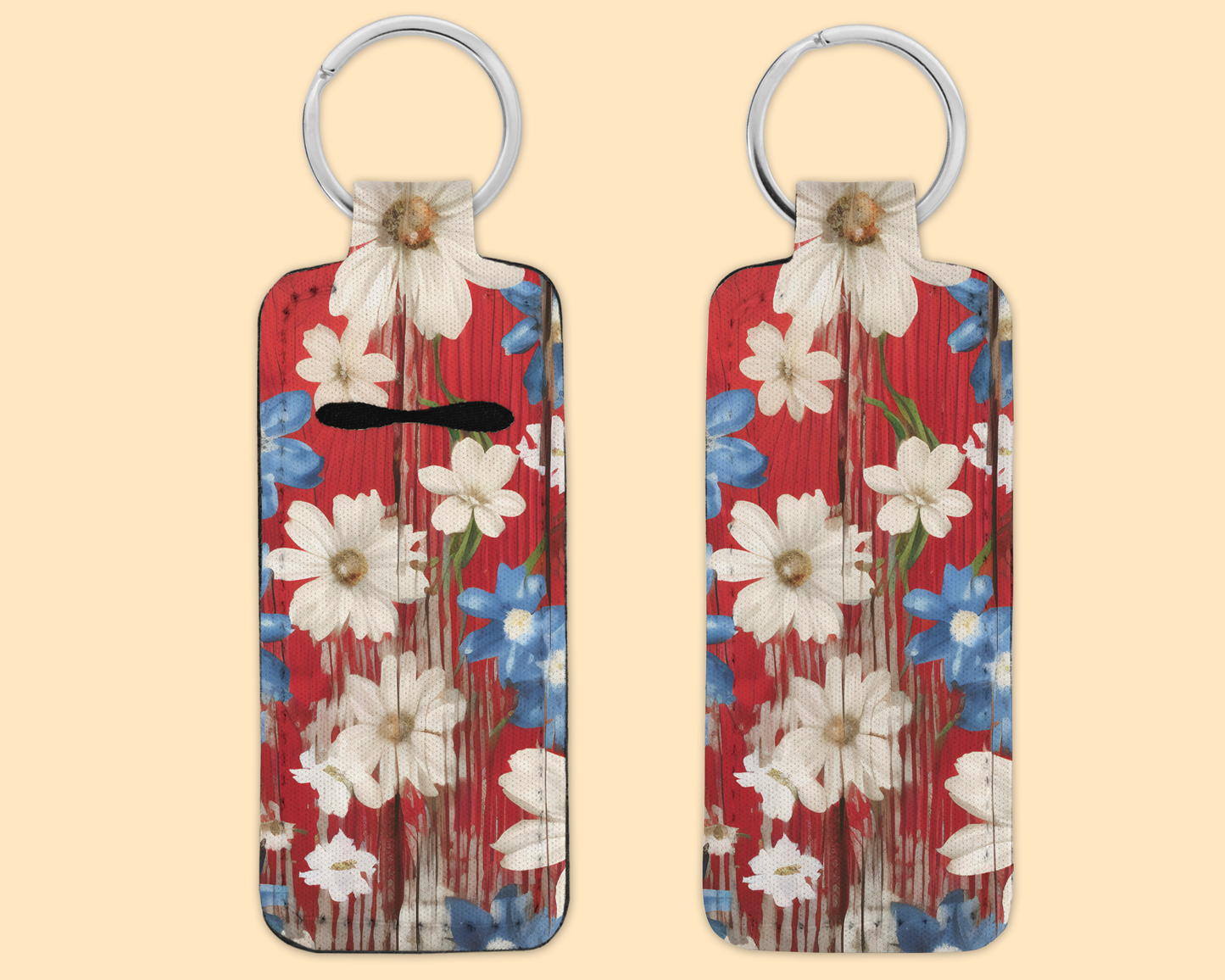 Chapstick / Lip Balm Keychain - (E129C) Red White & Blue floral