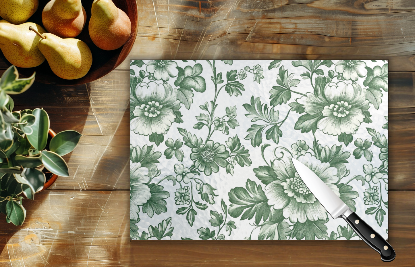 11" x 8" Tempered Glass Cutting Board - Green Floral
