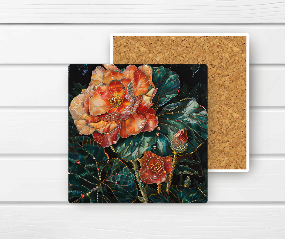 4x4 Ceramic Coaster (E13H) - Orange Floral