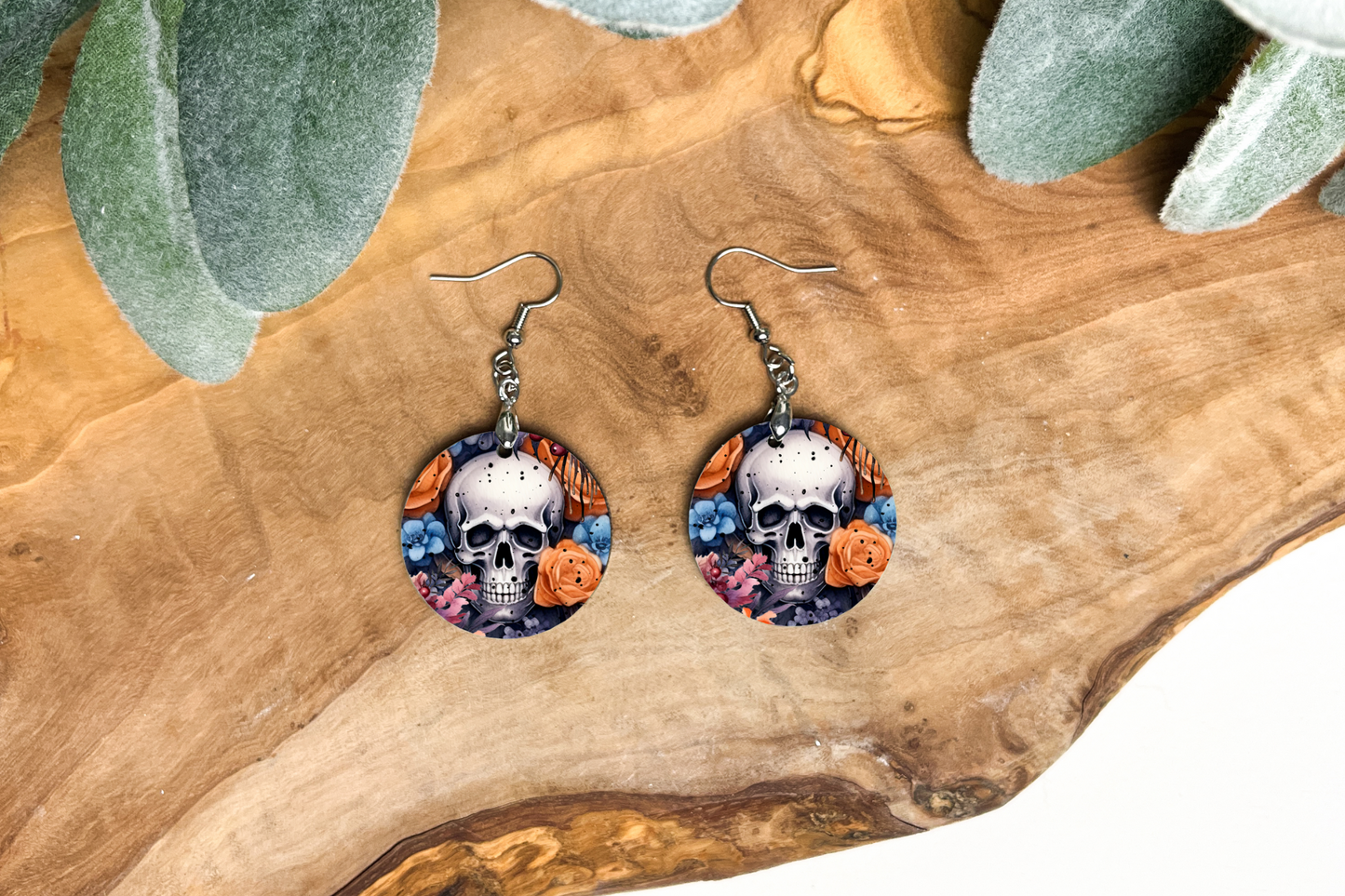 Flowers and Skull Round Earrings