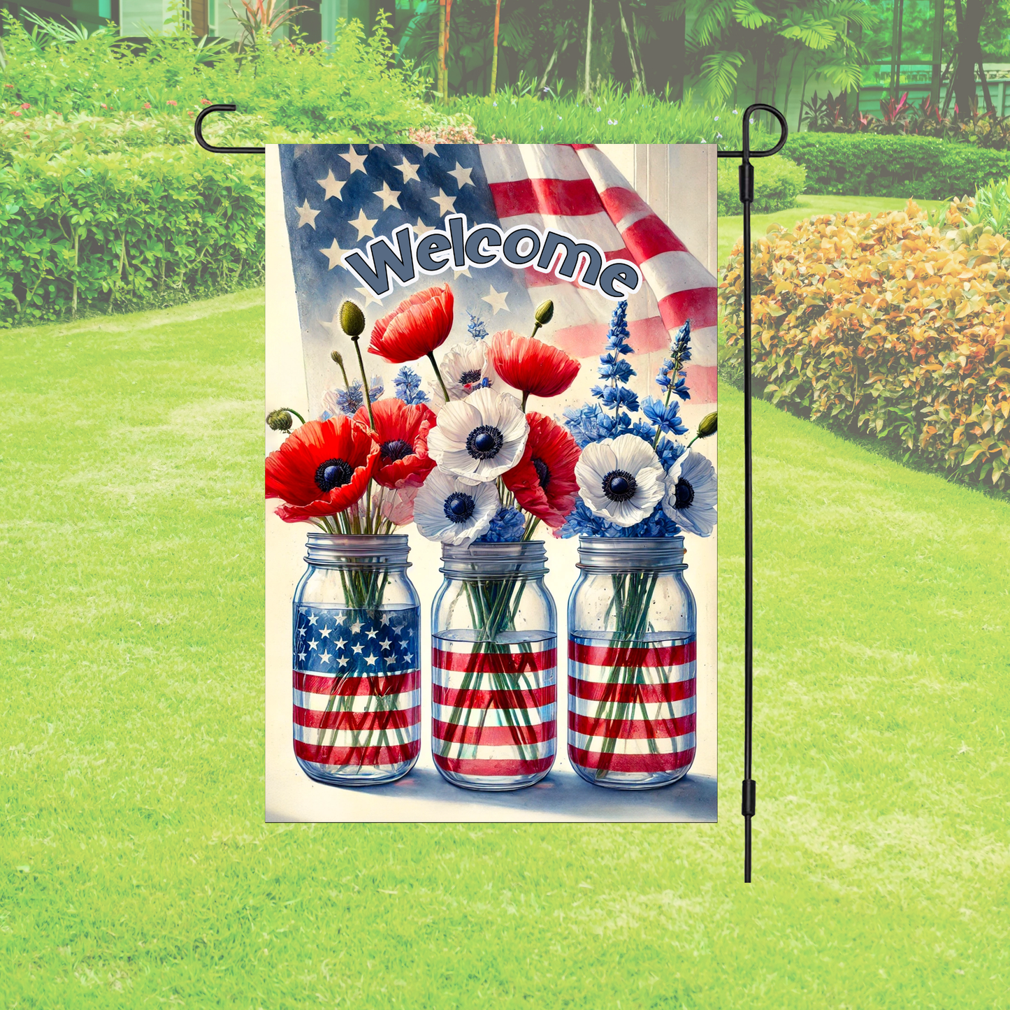 Garden Flag – Patriotic Mason Jar Floral Welcome