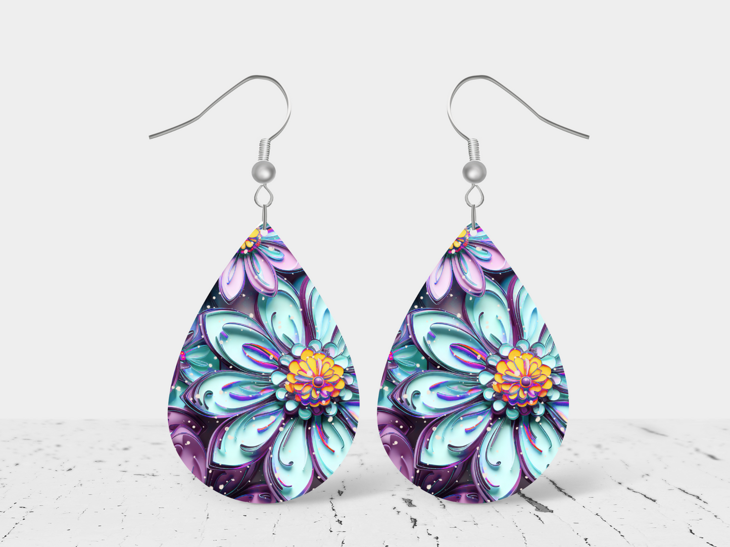 Teal Flower 3D Teardrop Earrings
