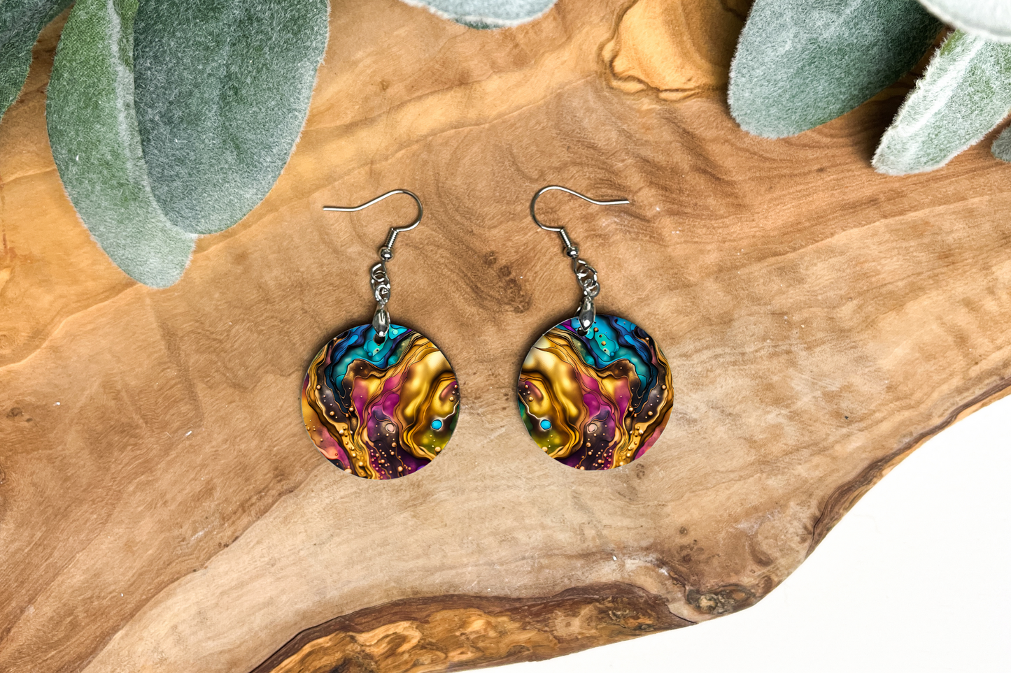 Gold Teal and Pink Marbled Round Earrings