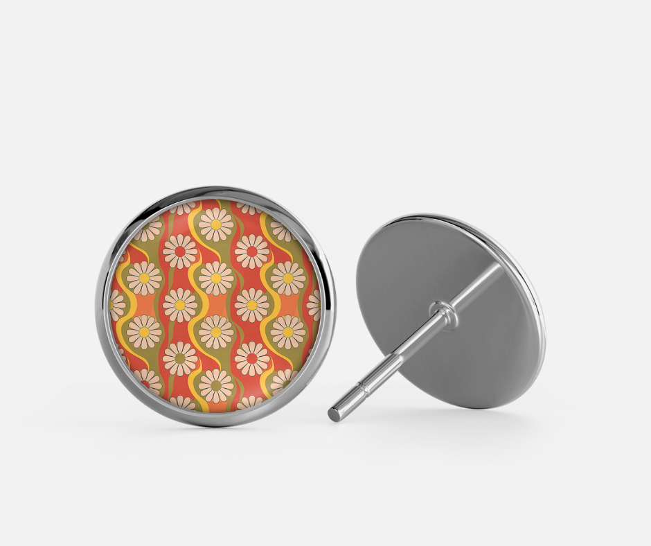 Glass Dome Aluminum Stud Earrings - Orange Floral