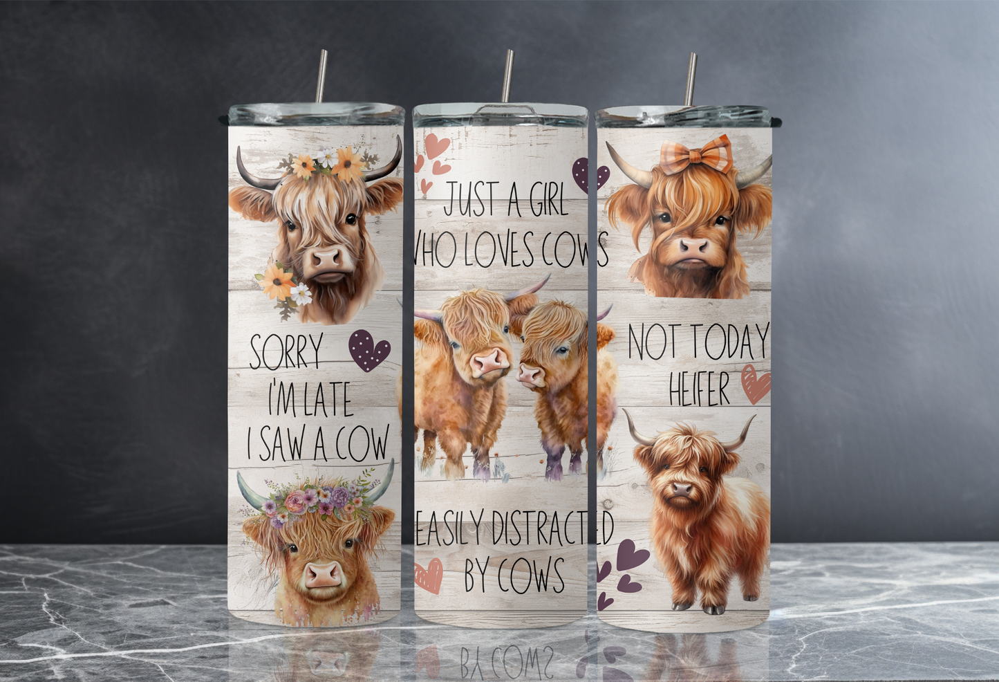 20 oz Skinny Tumbler - Highland Cows & Quotes