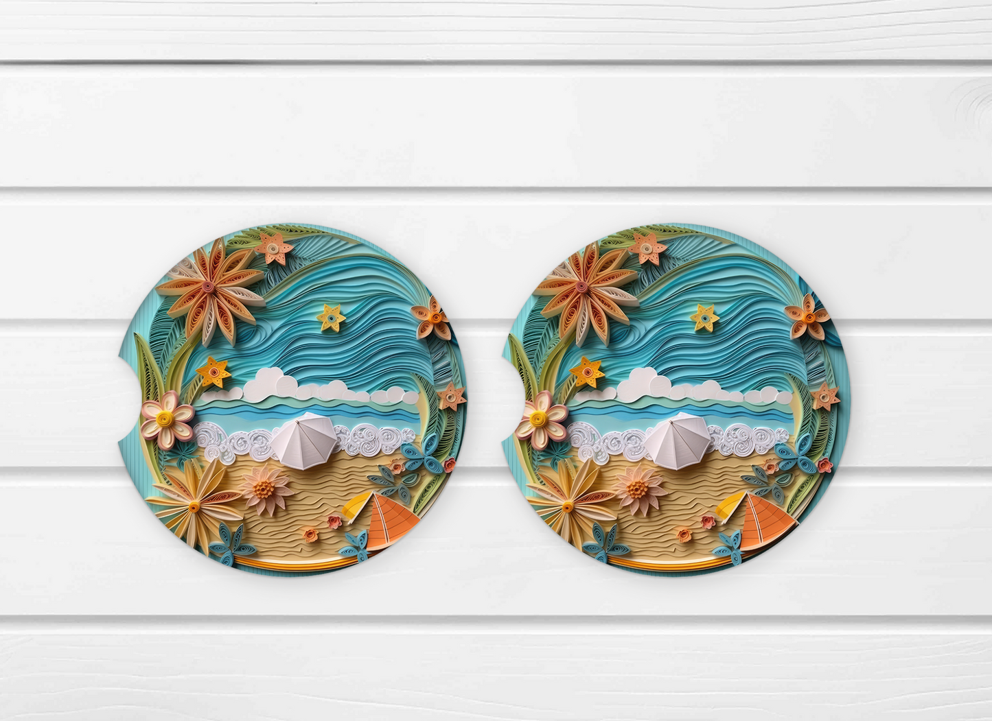 Paper looking Beach Ceramic Car Coaster Set