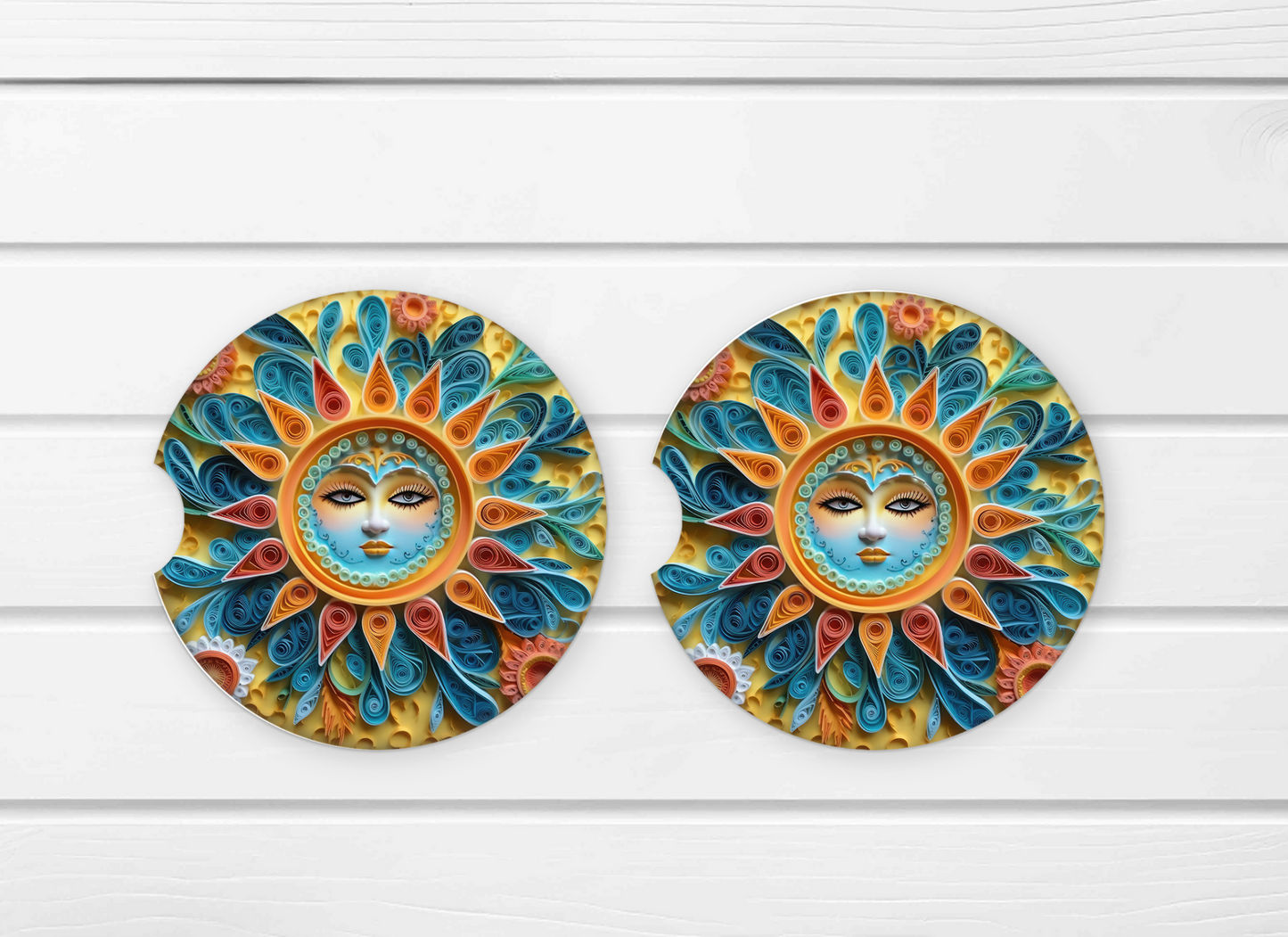 Paper looking Sun Ceramic Car Coaster Set