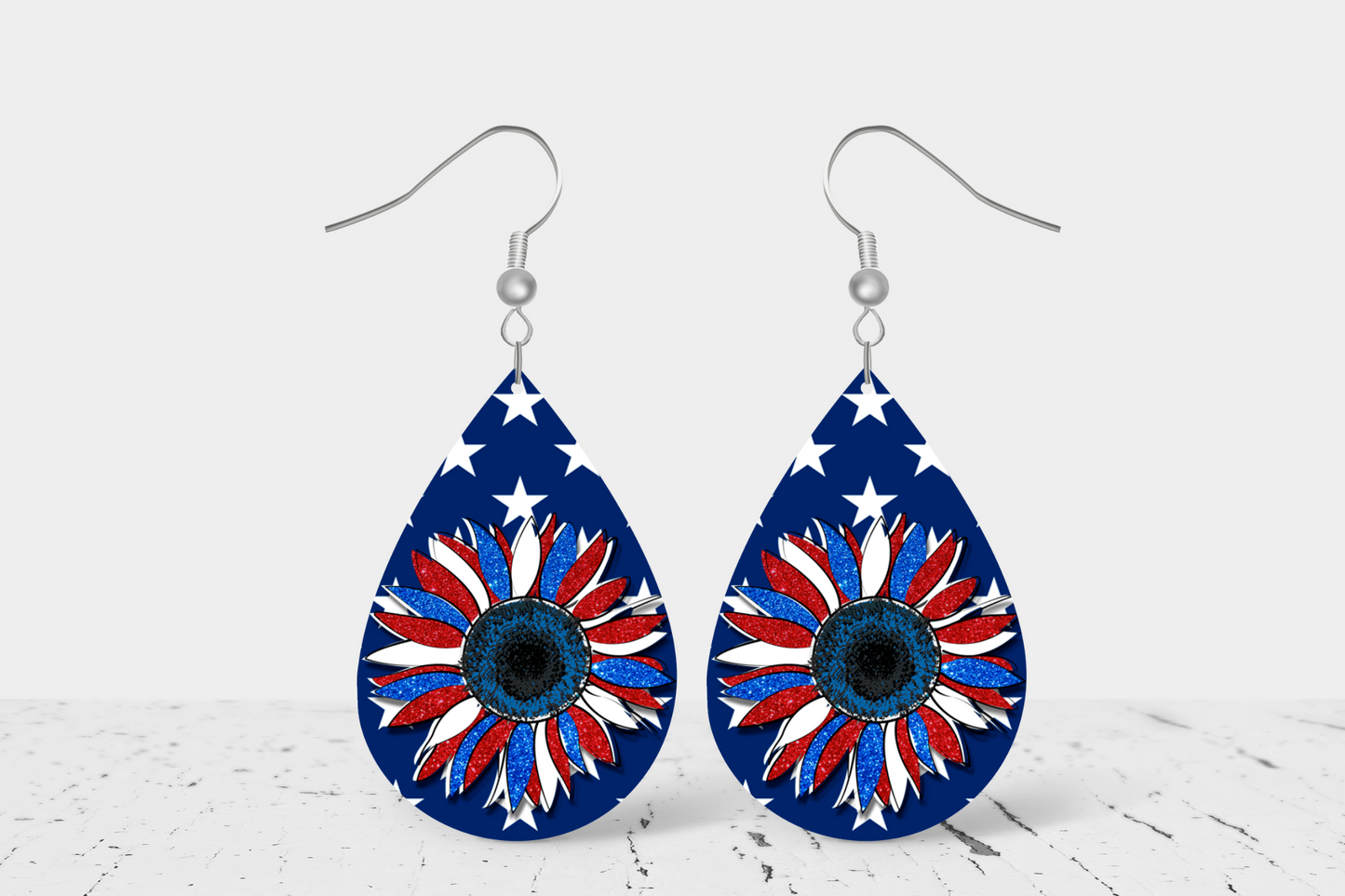Red White & Blue Flower Teardrop Earrings - 9
