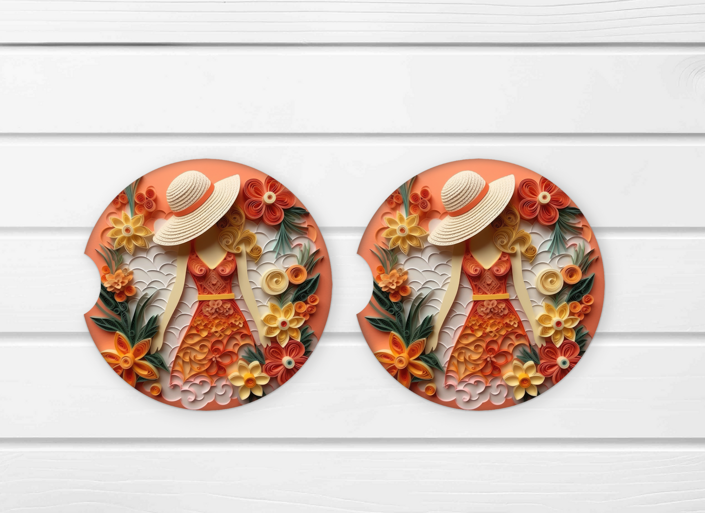 Paper looking Sun Dress Ceramic Car Coaster Set
