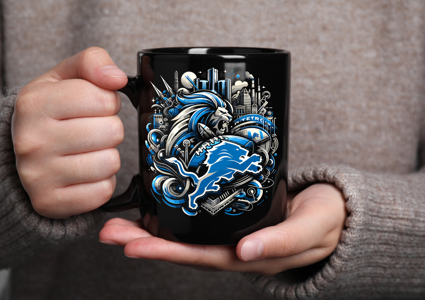Detroit Lions 15 oz Black Coffee Mug – Double-Sided